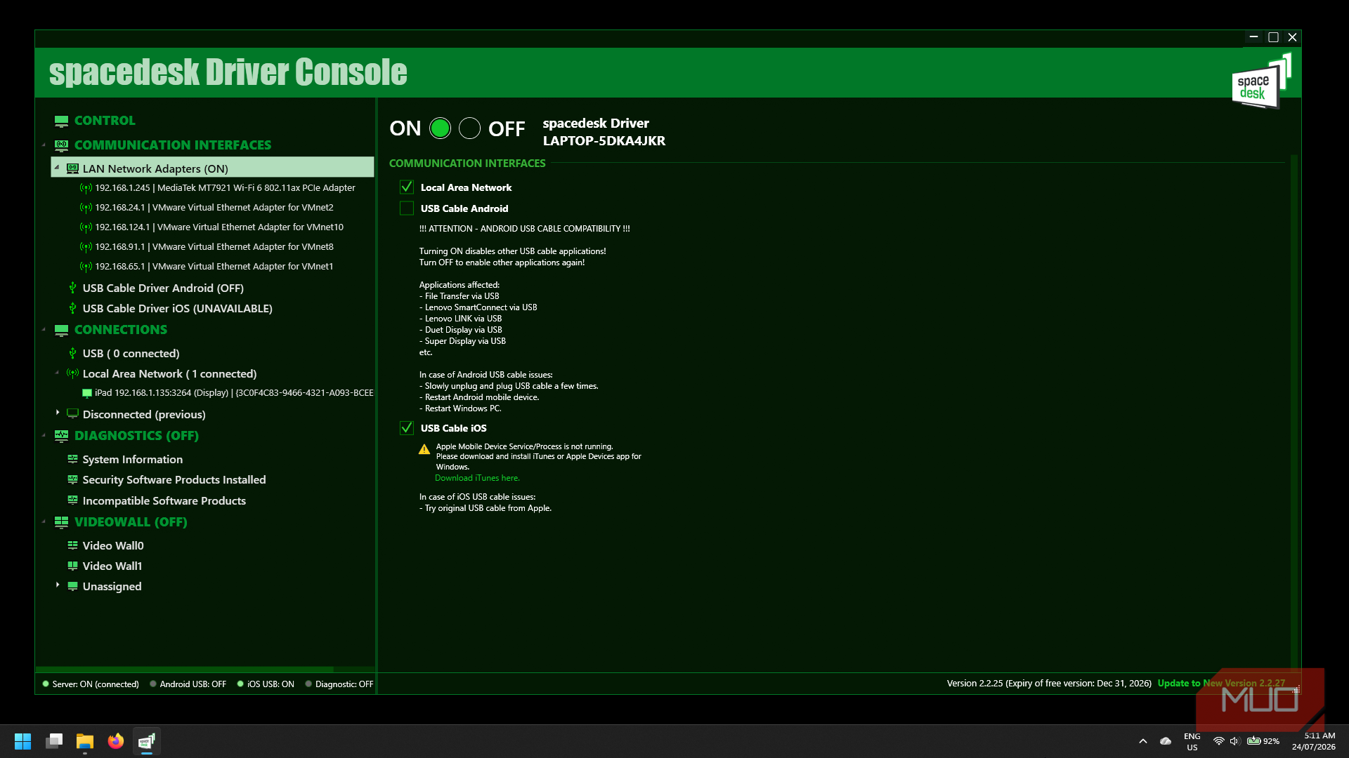 Spacedesk Windows Driver Console LAN adapter settings