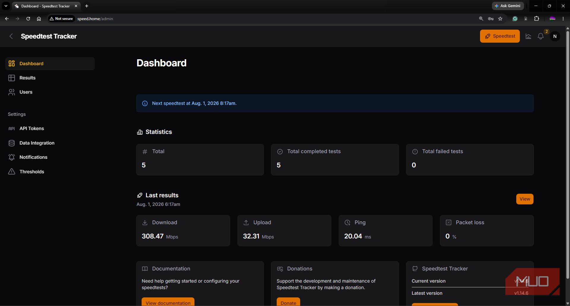 Speedtest Tracker dashboard showing past tests and scheduled