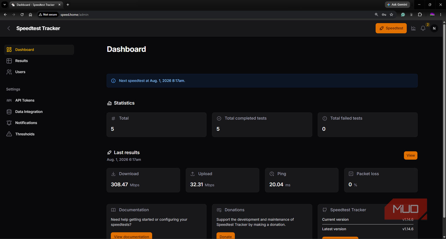 Speedtest Tracker dashboard showing past tests and scheduled