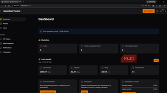 Speedtest Tracker dashboard showing past tests and scheduled