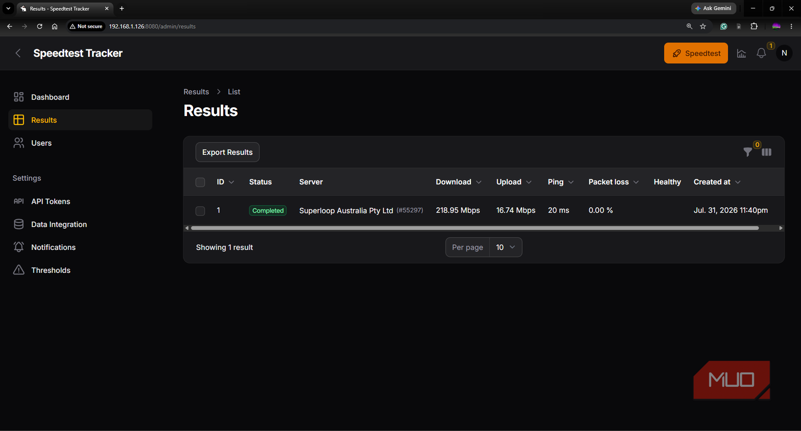 Speedtest Tracker successfully completed manual test