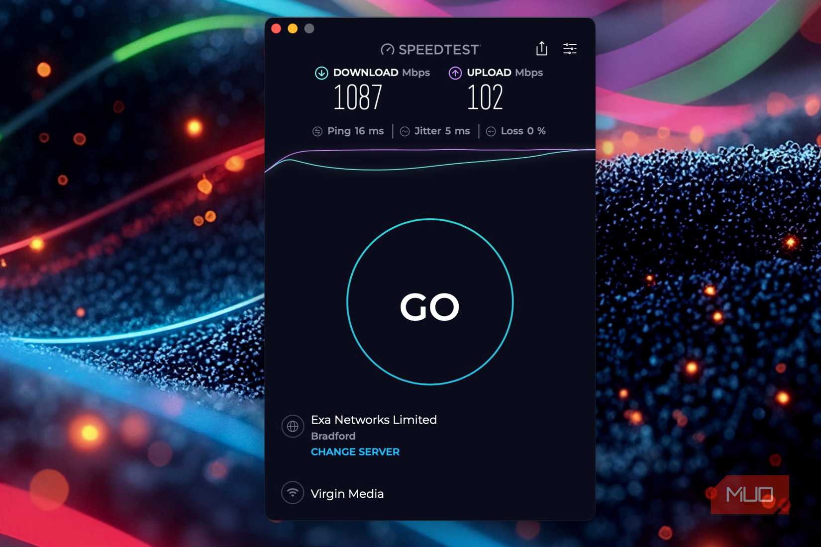 Screenshot showing a Speedtest app and gigabit internet
