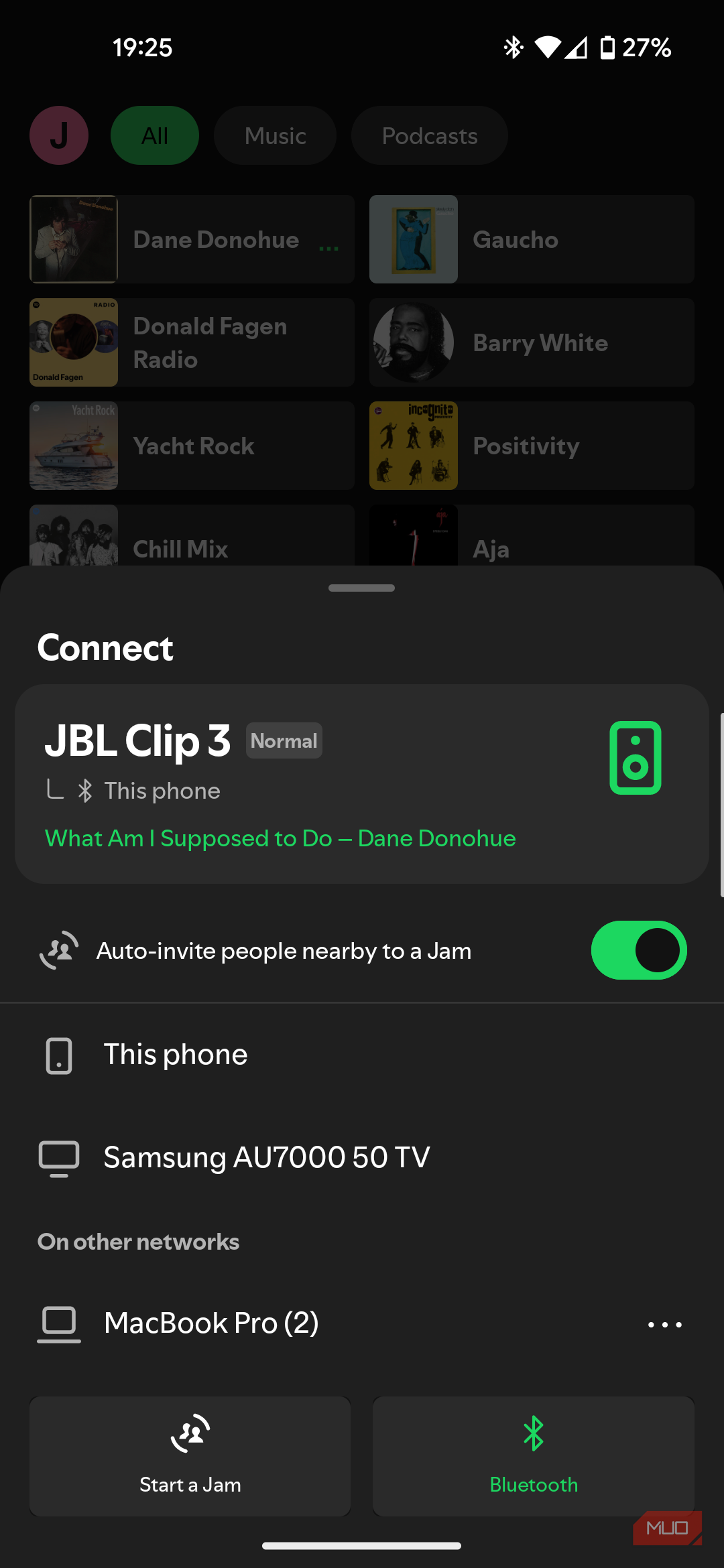 Spotify Connect connecting to a JBL Clip speaker.