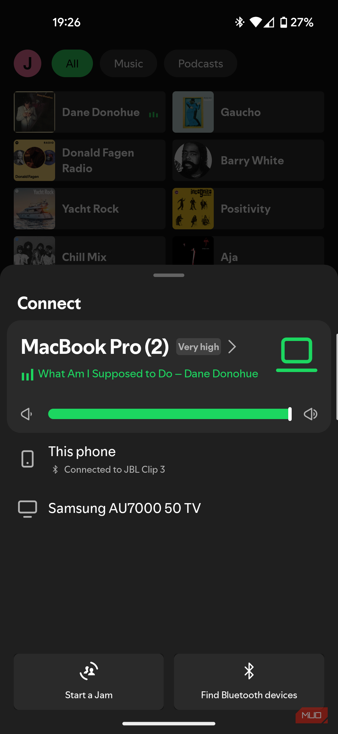 Spotify Connect connecting to a MacBook Pro.