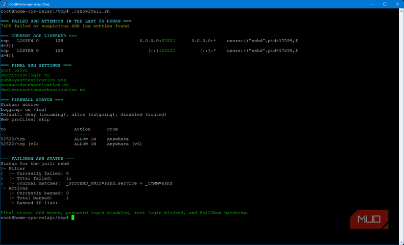 Custome bash script output of final logs, fail2ban jails, and ports involved in the 3-step hardening process for Linux