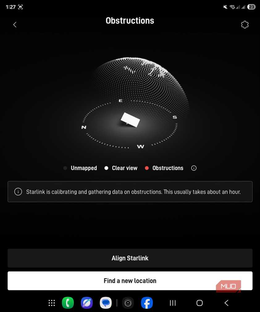 Starlink mini application showing zero antenna obstructions