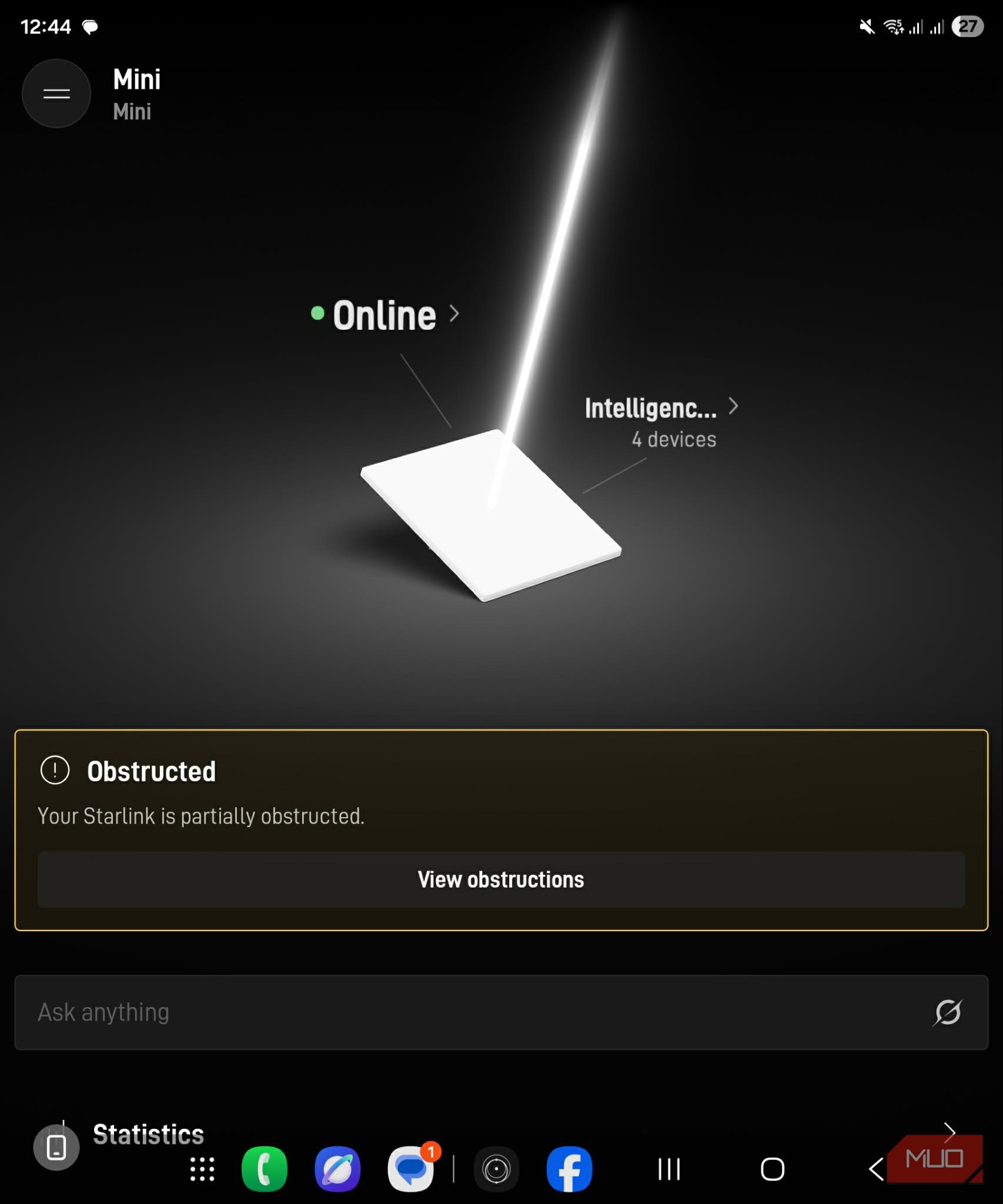 Starlink application advising of partial antenna obstructions