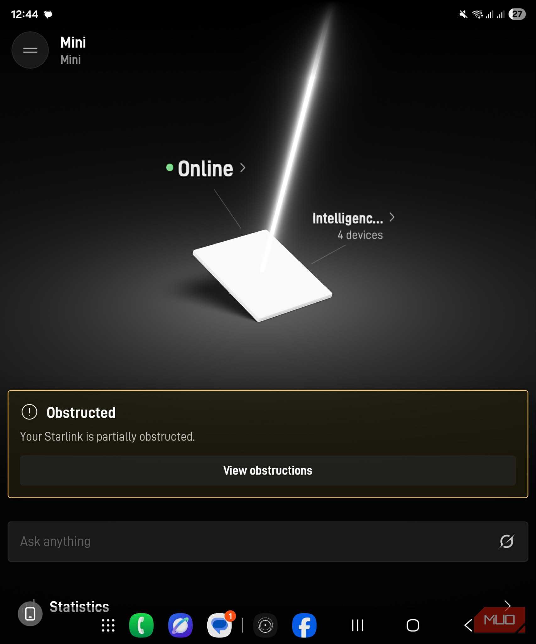 Starlink application advising of partial antenna obstructions