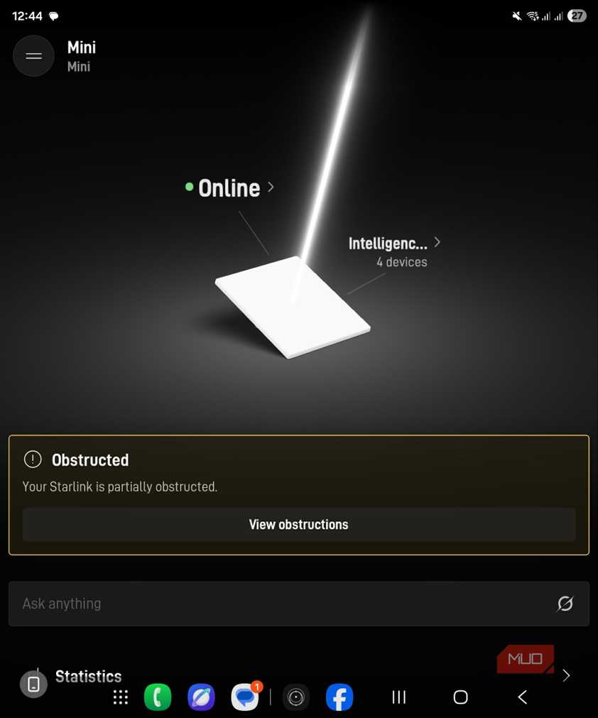 Starlink application advising of partial antenna obstructions
