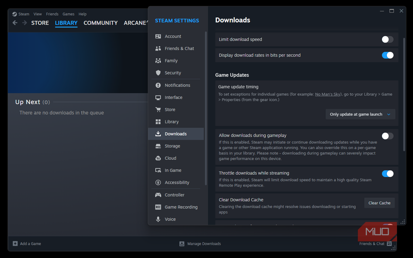 Windows Steam app settings only download updates on game launch enabled
