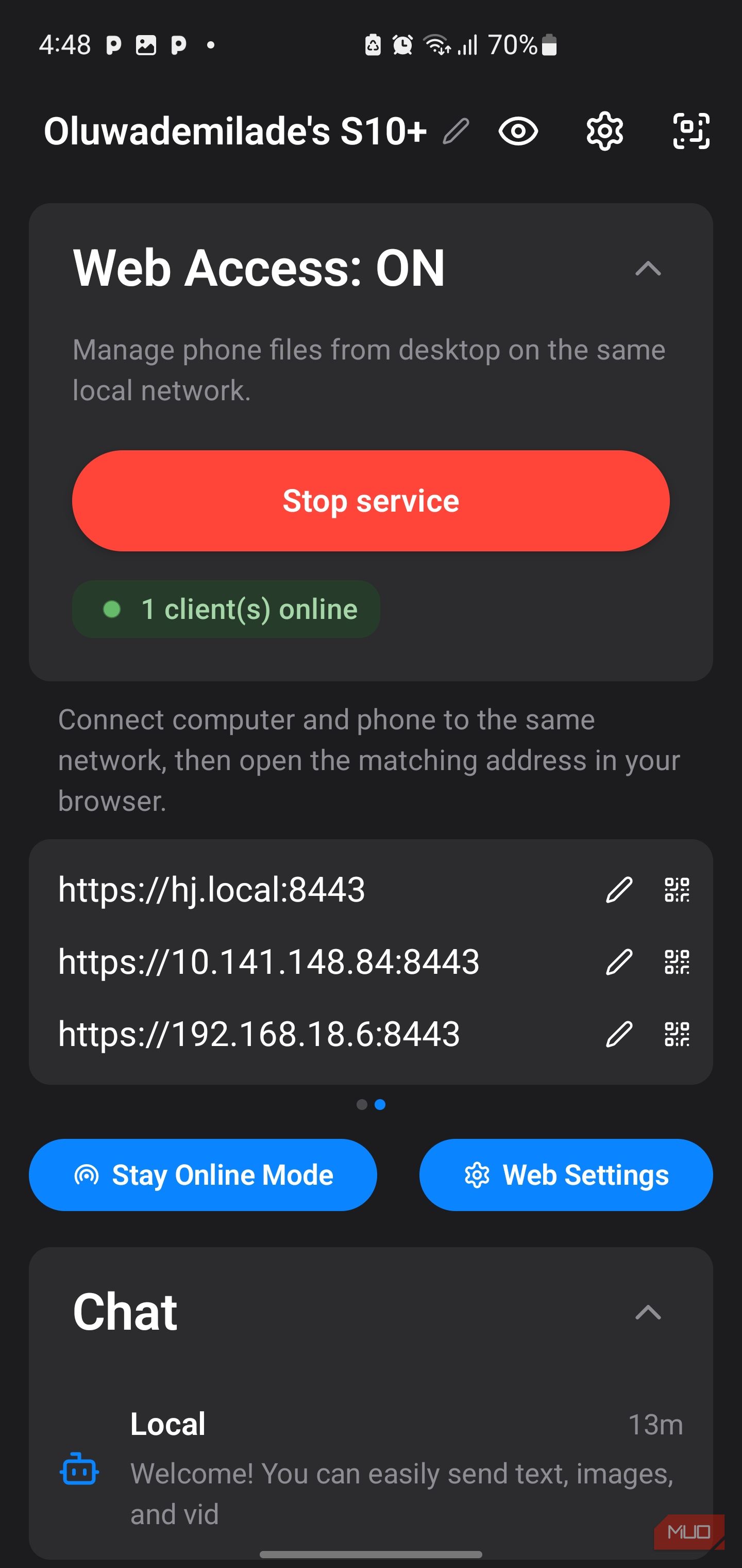 Stop service button on PlainApp.