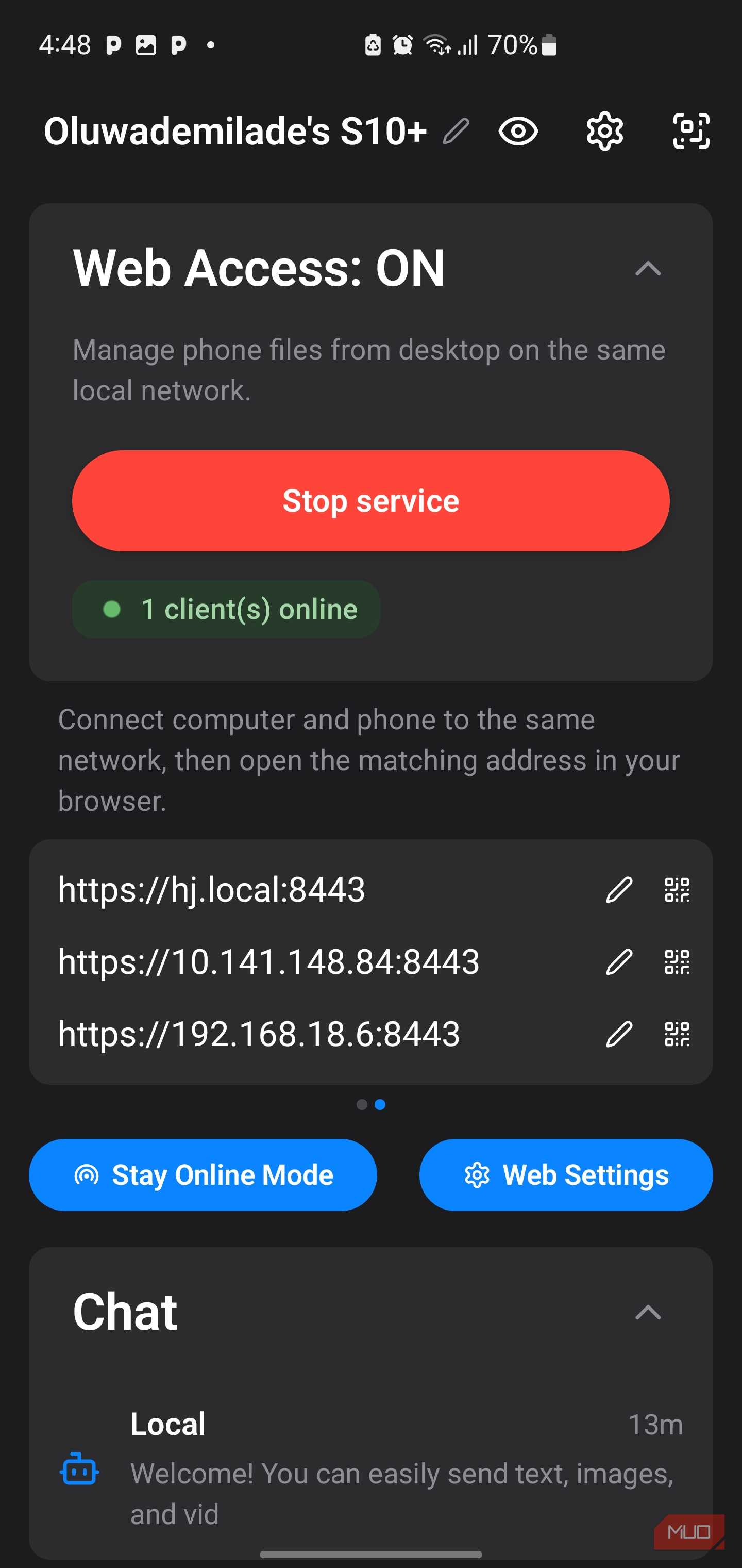 Stop service button on PlainApp.