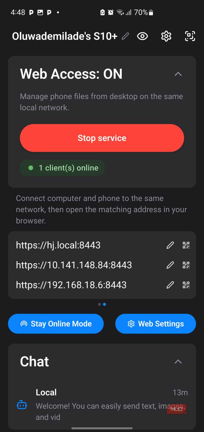 Stop service button on PlainApp.