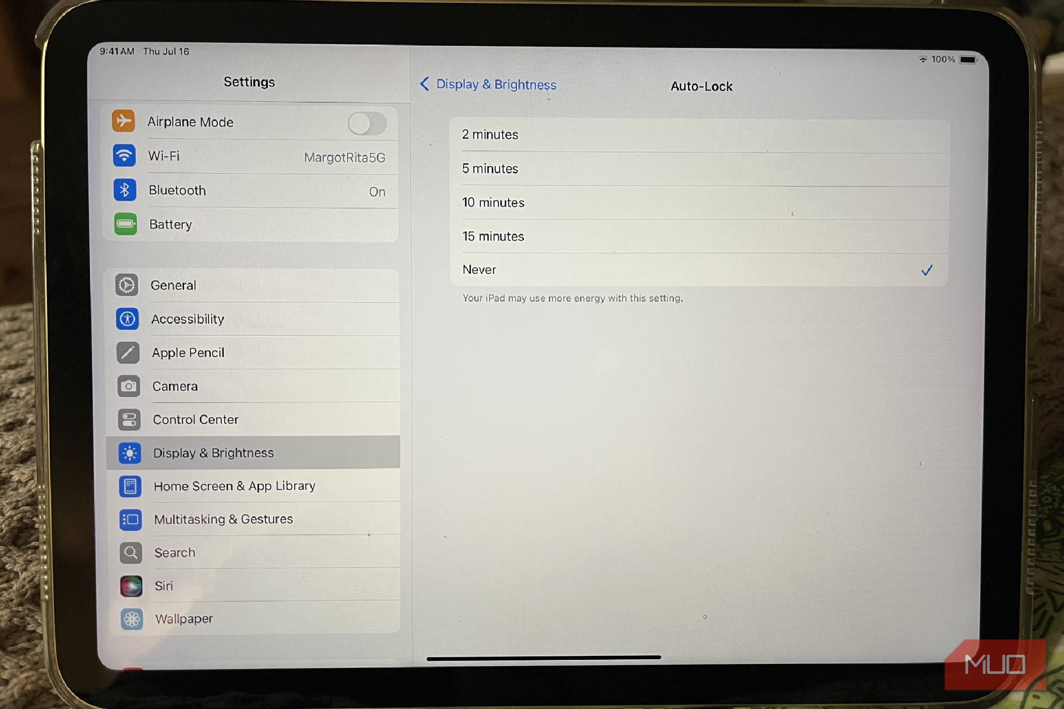 The Auto Lock settings in an iPad