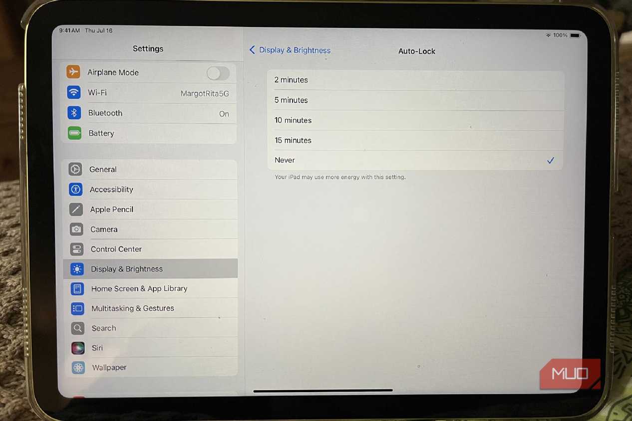 The Auto Lock settings in an iPad