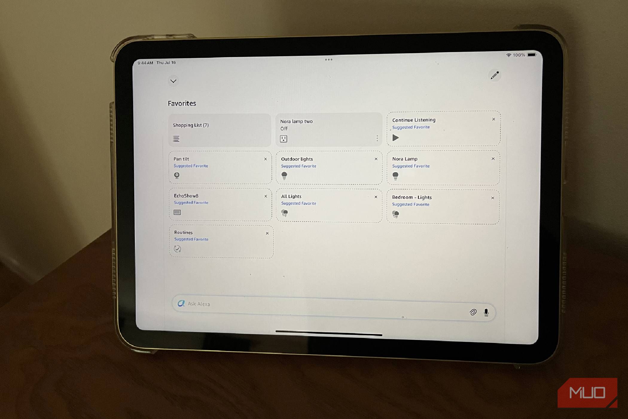 A tablet showing the favorites in the Alexa app