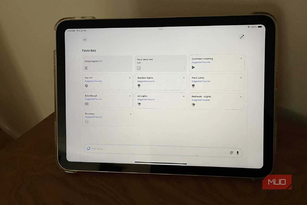 A tablet showing the favorites in the Alexa app