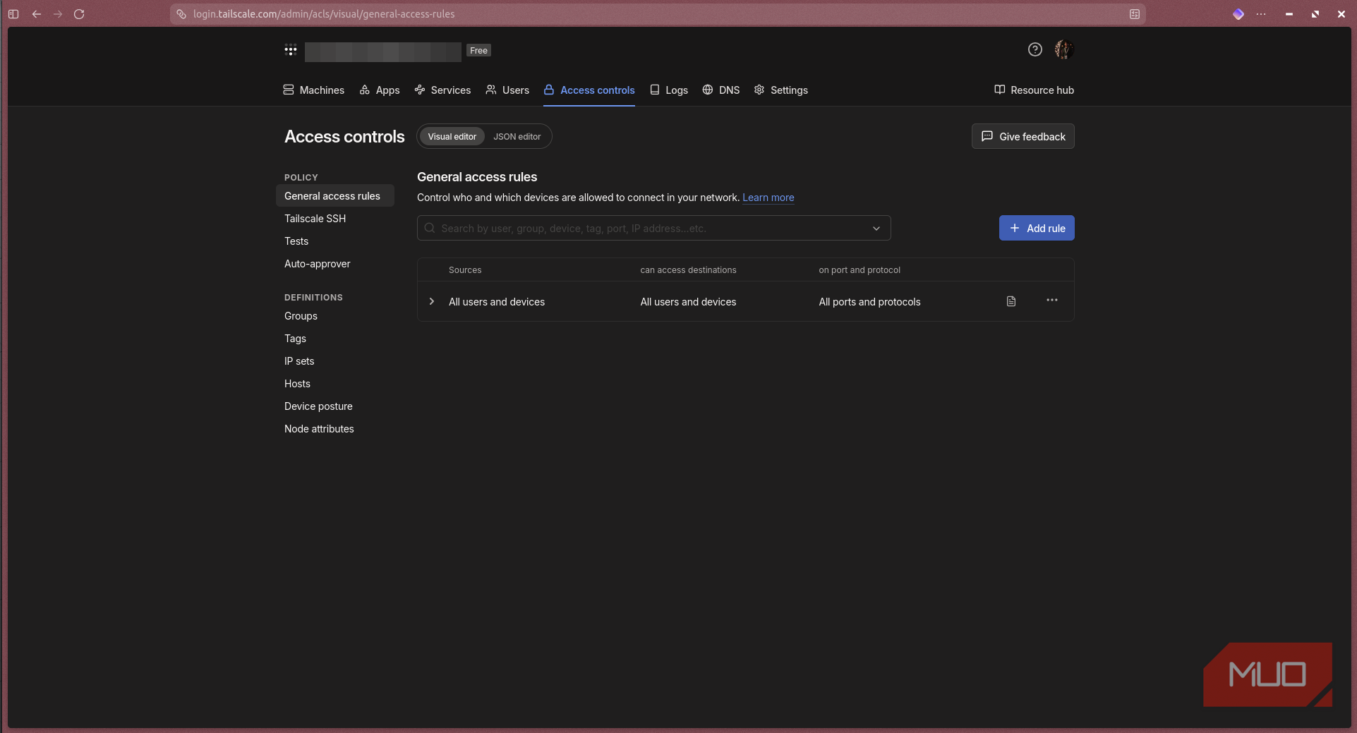 Tailscale access control page.