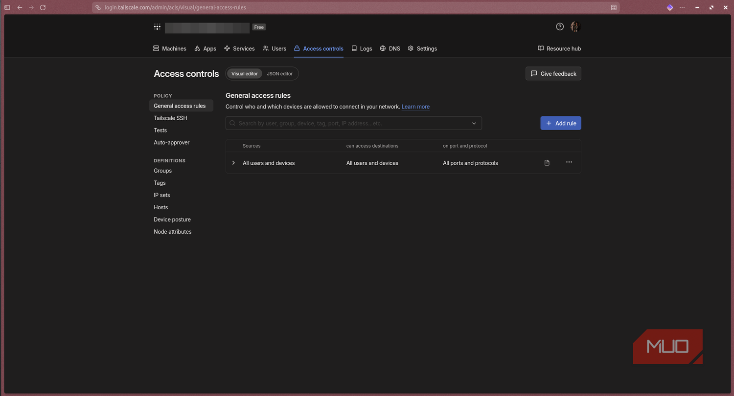Tailscale access control page.