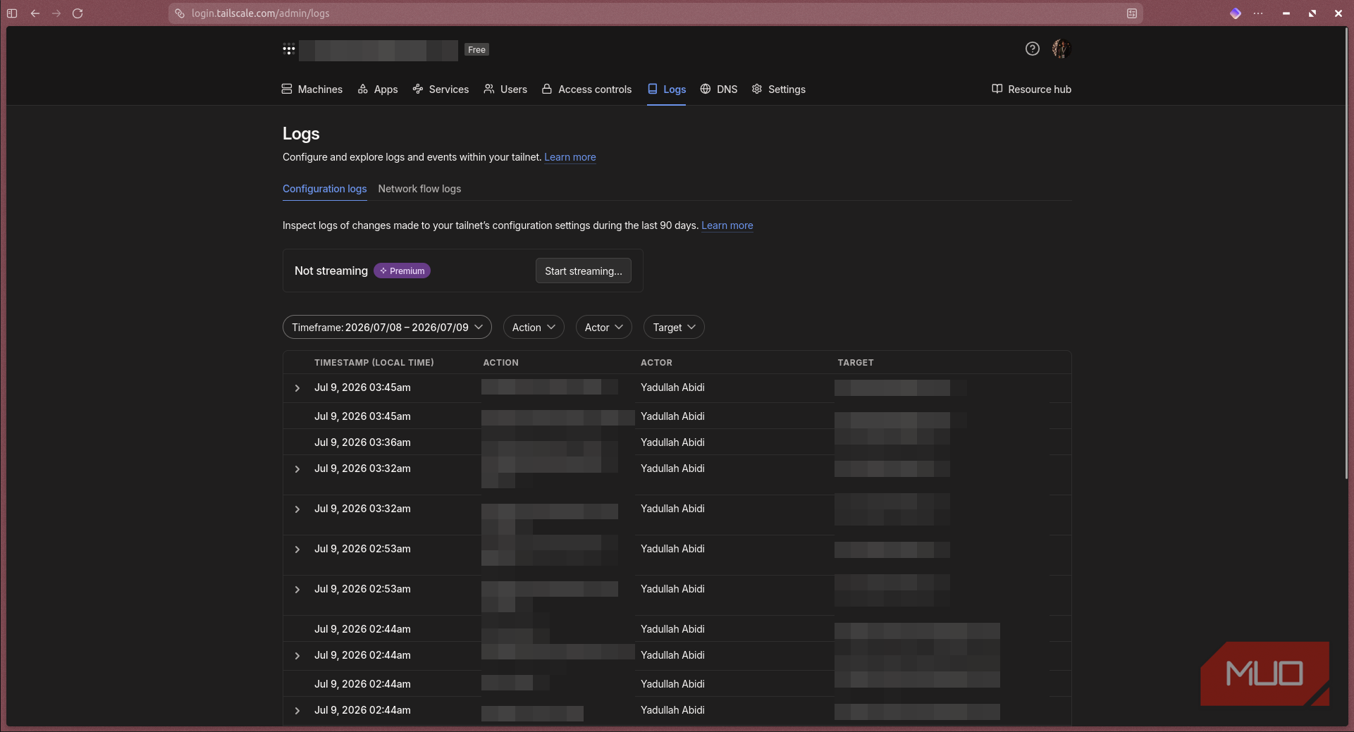 Tailscale logs page.