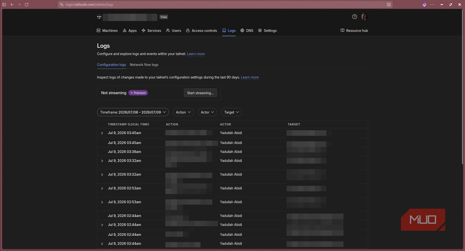 Tailscale logs page.
