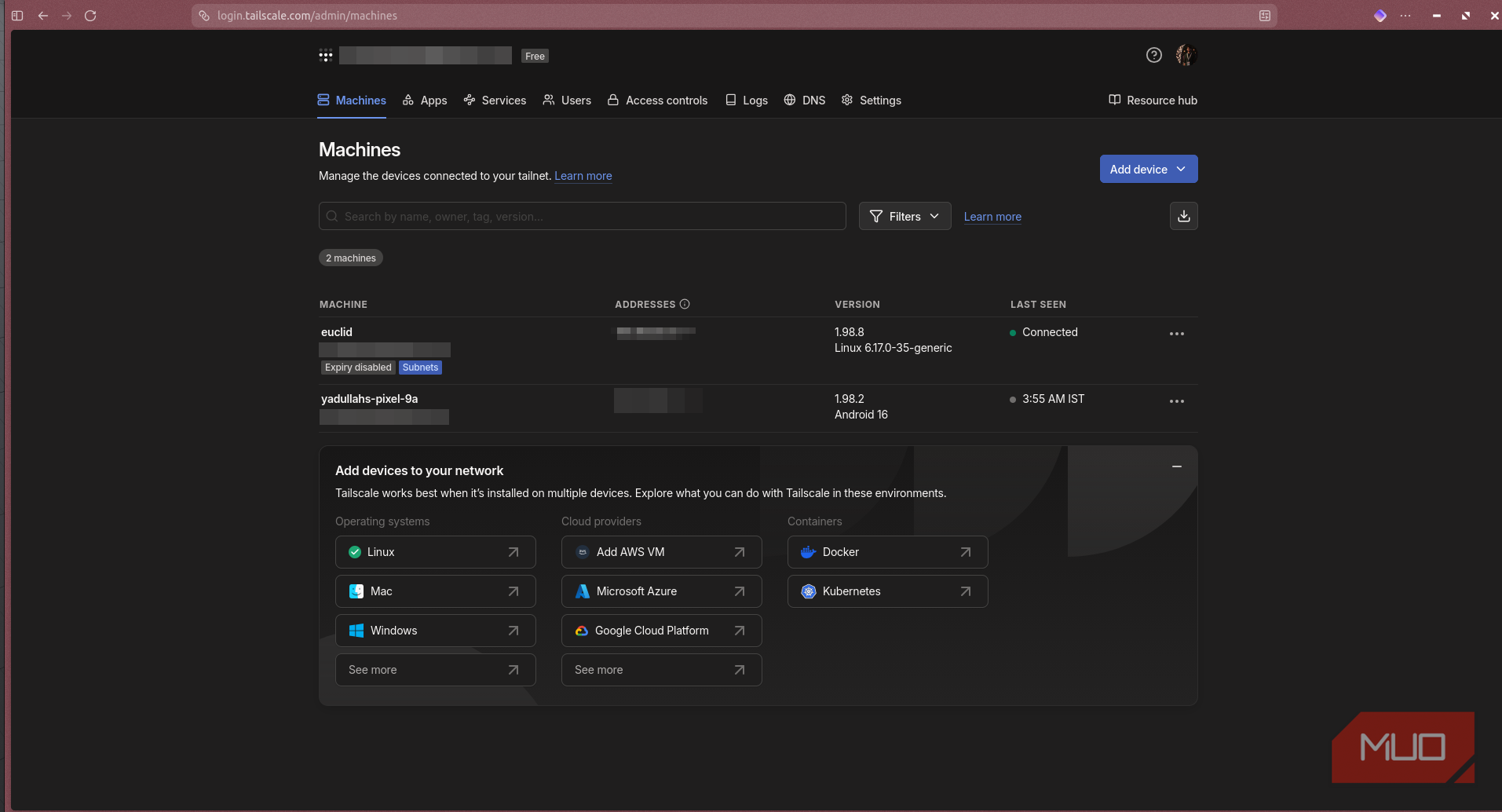 Tailscale main dashboard.