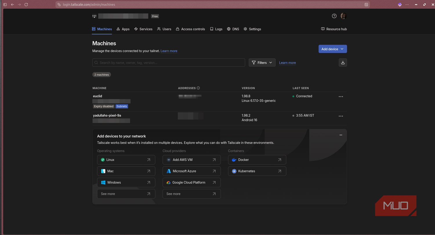Tailscale main dashboard.