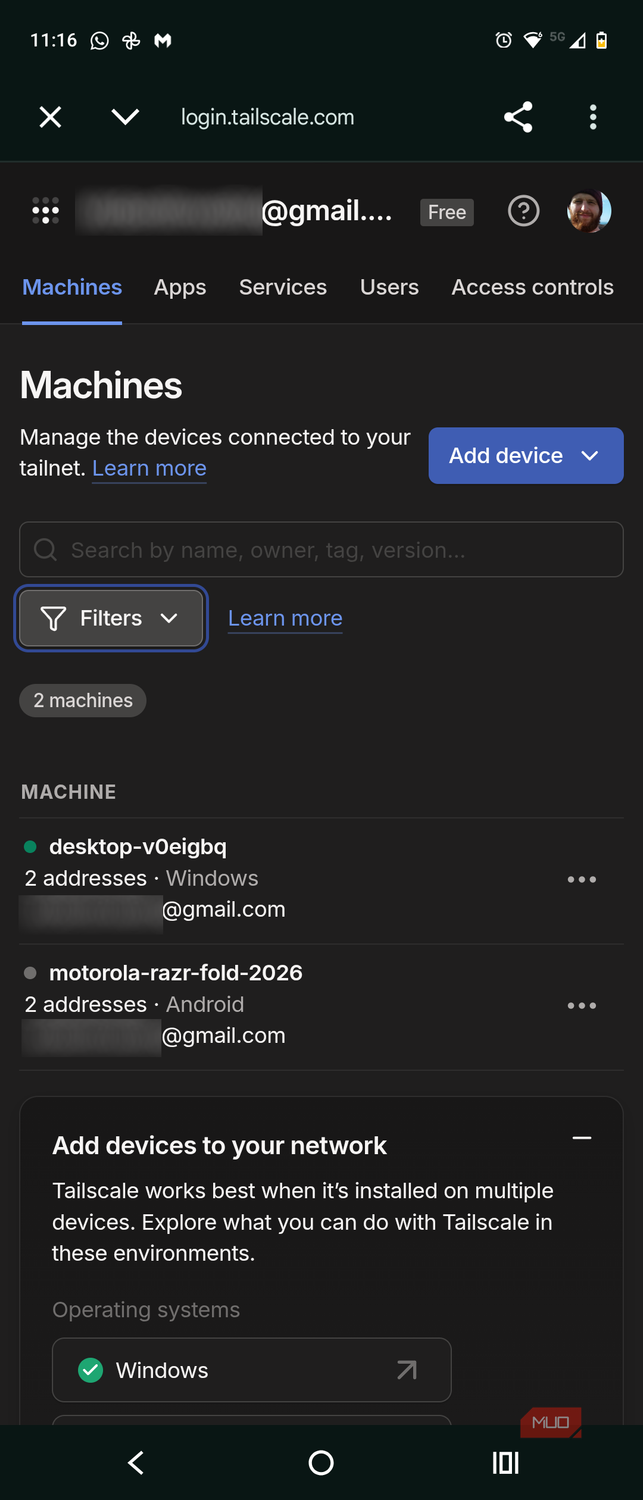 tailscale mobile app with connected devices