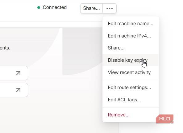 tailscale web app disable key expiry drop down menu.