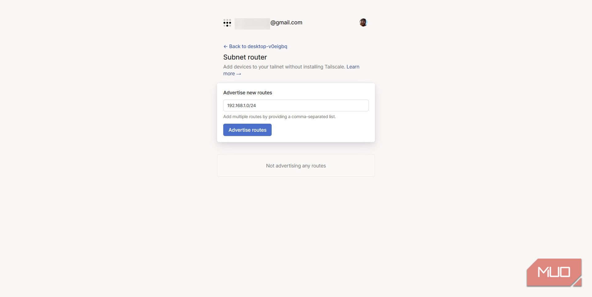 tailscale web app enter subnet new route for traffic