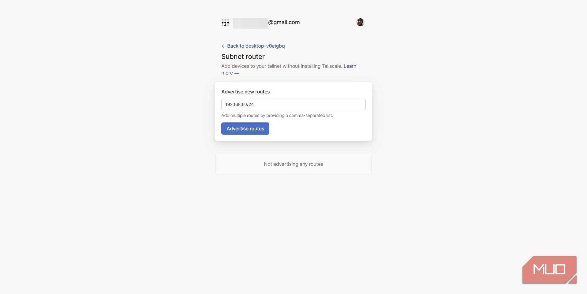 tailscale web app enter subnet new route for traffic
