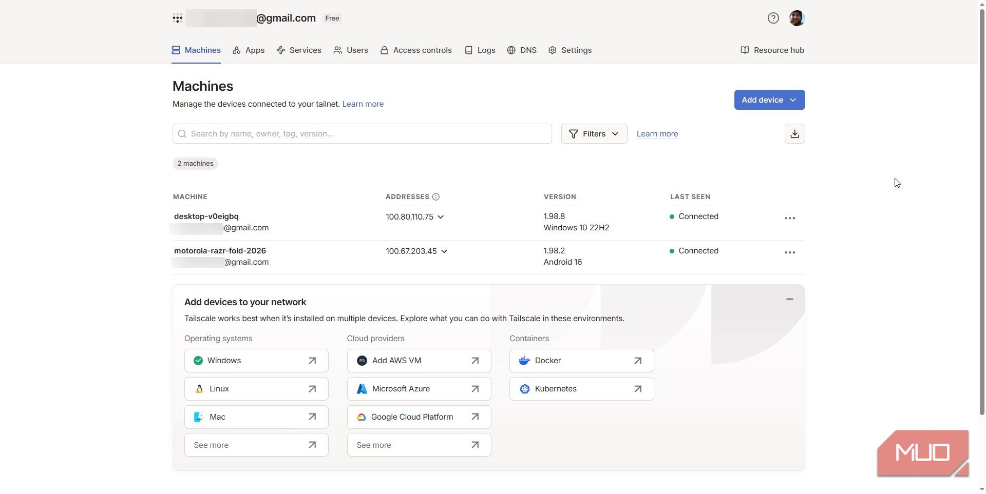 tailscale web app with connected devices list and status
