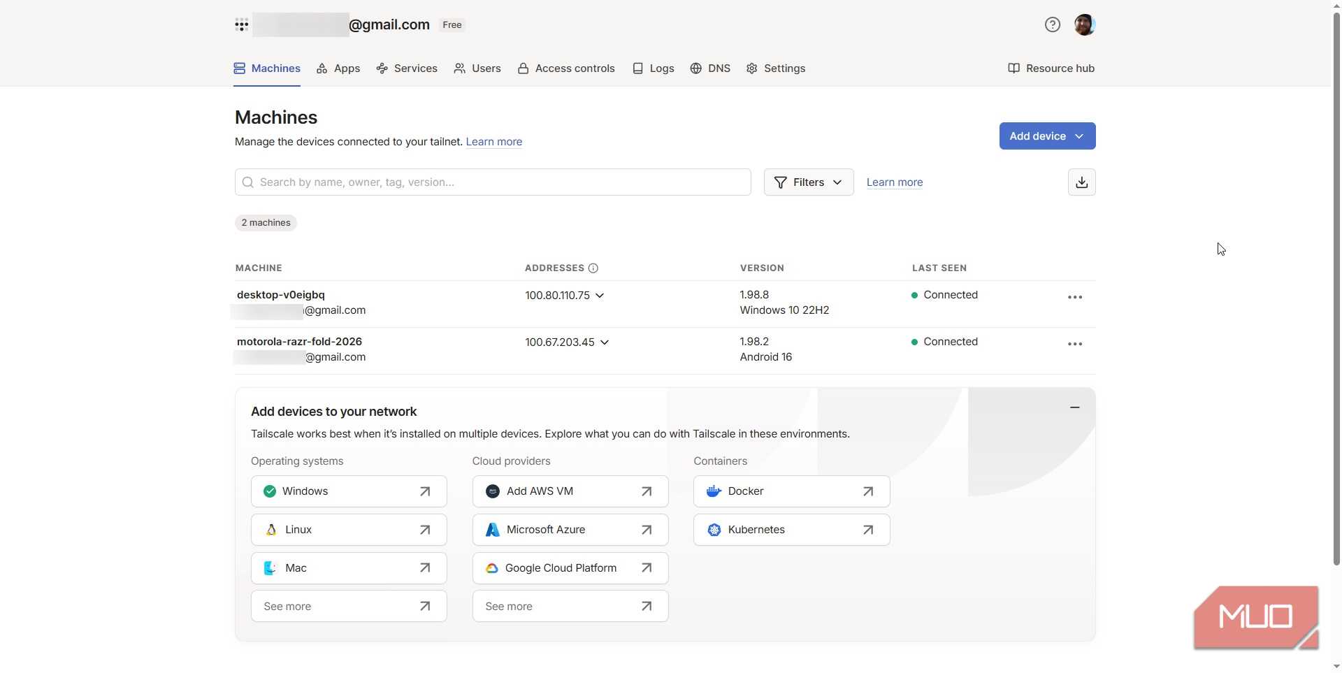 tailscale web app with connected devices list and status