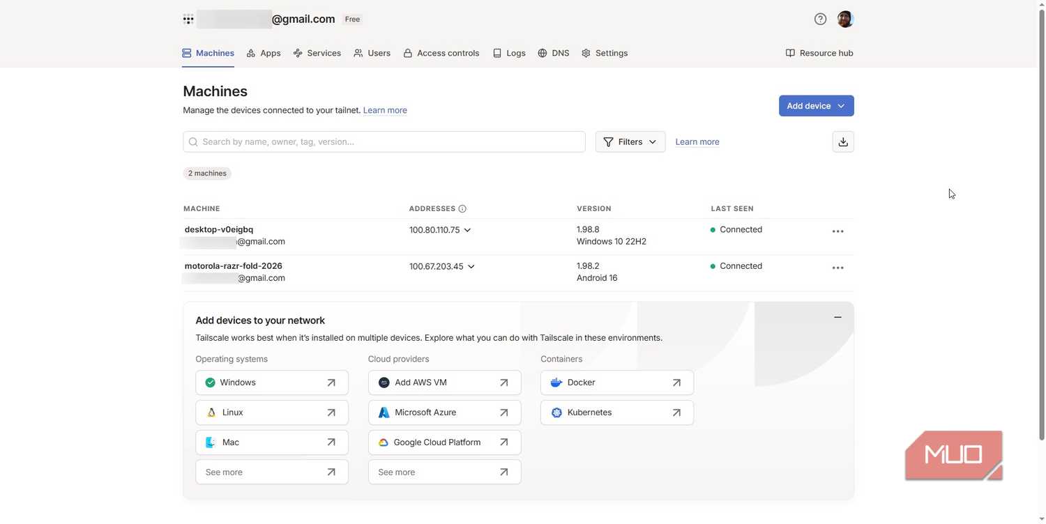 tailscale web app with connected devices list and status