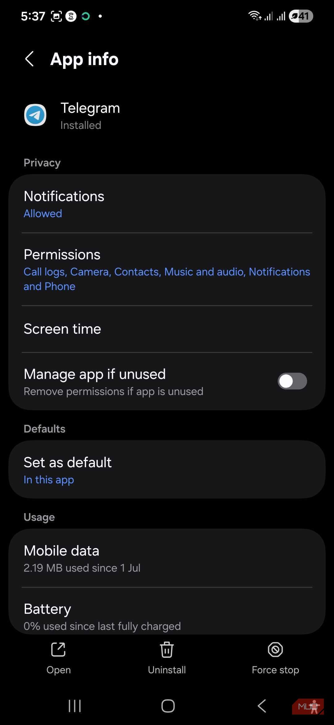Telegram app info settings screen on Samsung