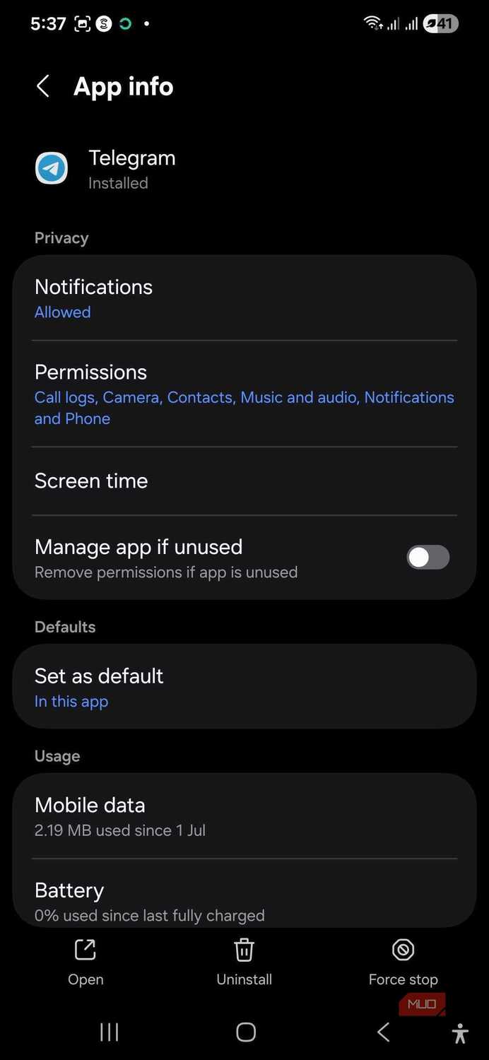 Telegram app info settings screen on Samsung