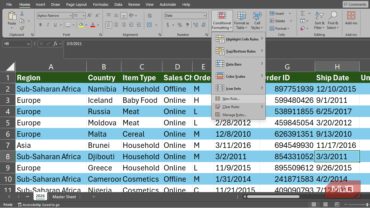 The conditional formatting menu in Excel.