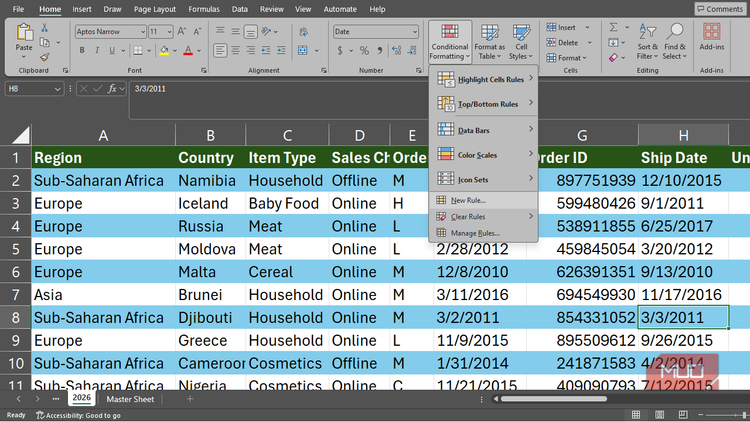 The conditional formatting menu in Excel.