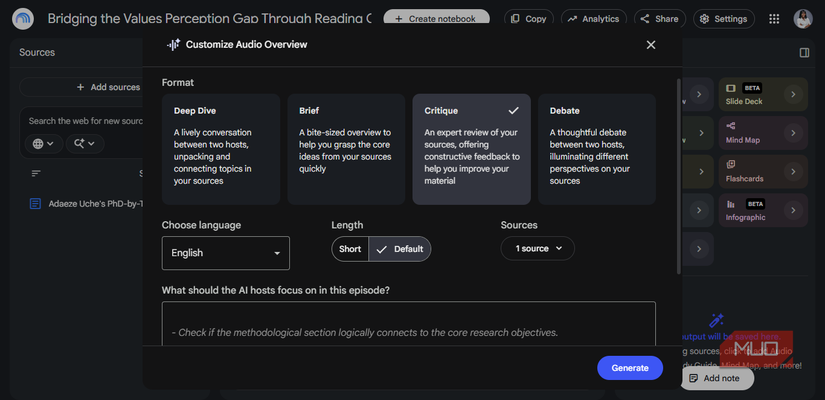 The Customize Audio Overview dialog box displayed over a notebook in Google Notebook.