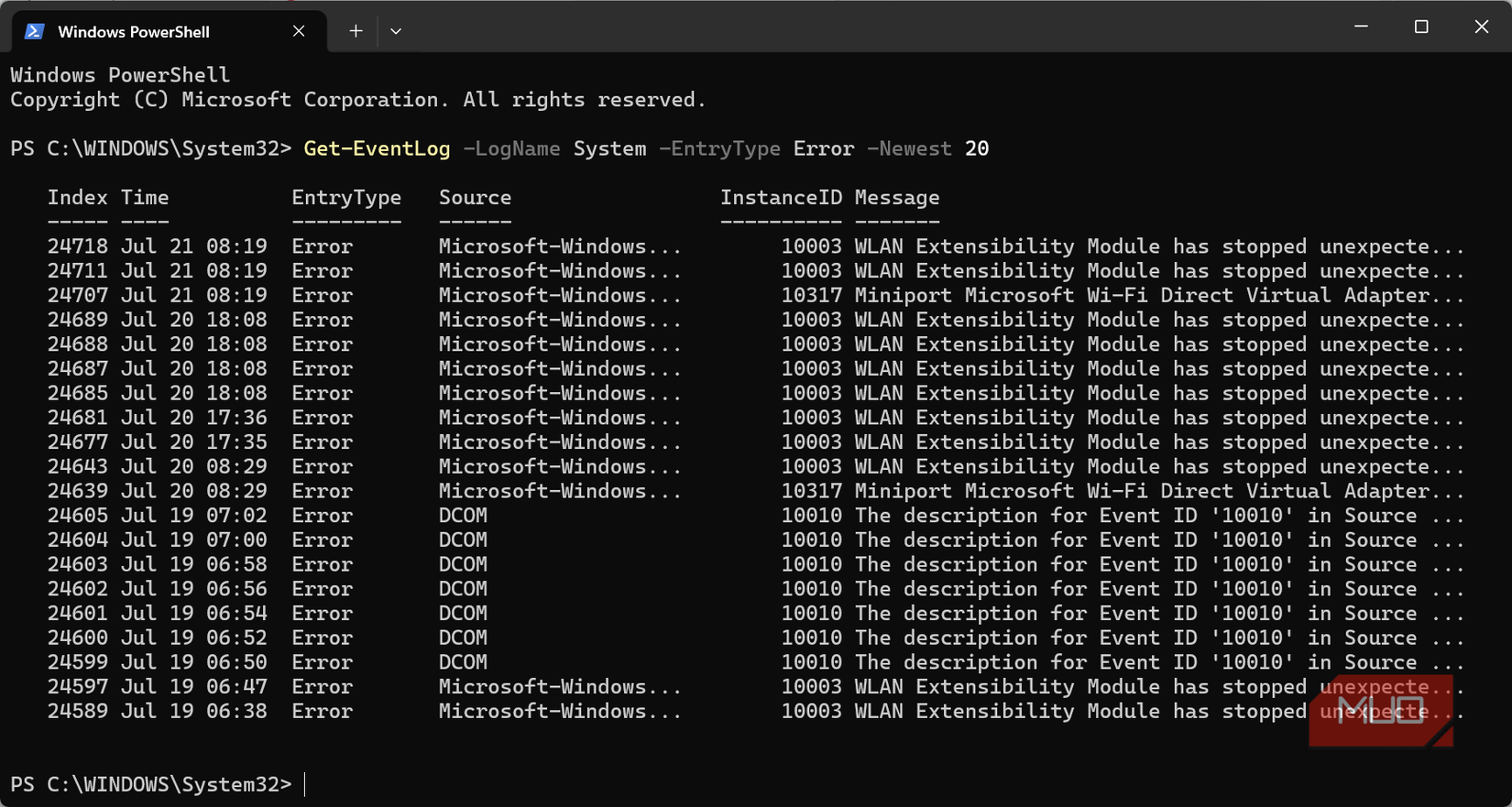 The PowerSHell Get Event Log command
