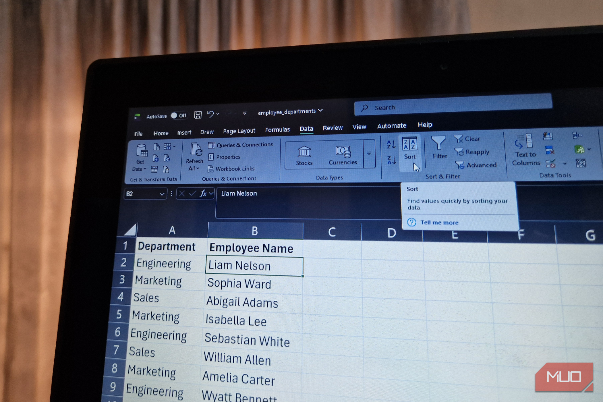 The Sort button in the Sort & Filter Group in Excel's Data Tab.