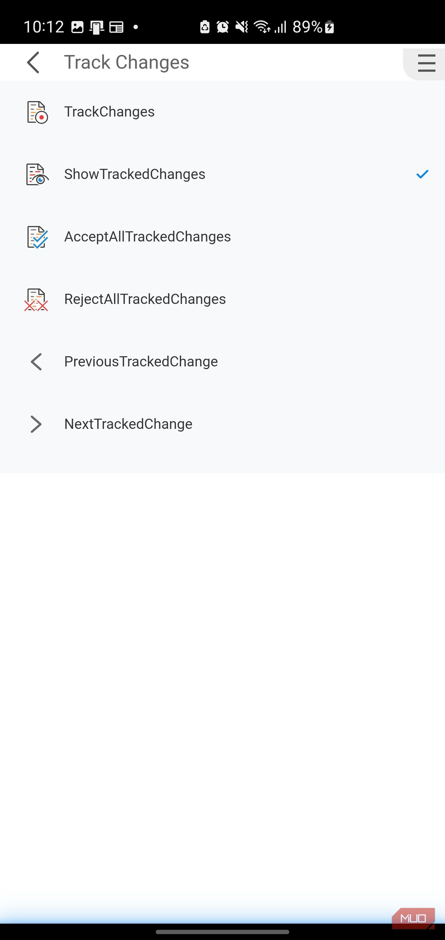 Track changes menu on mobile app
