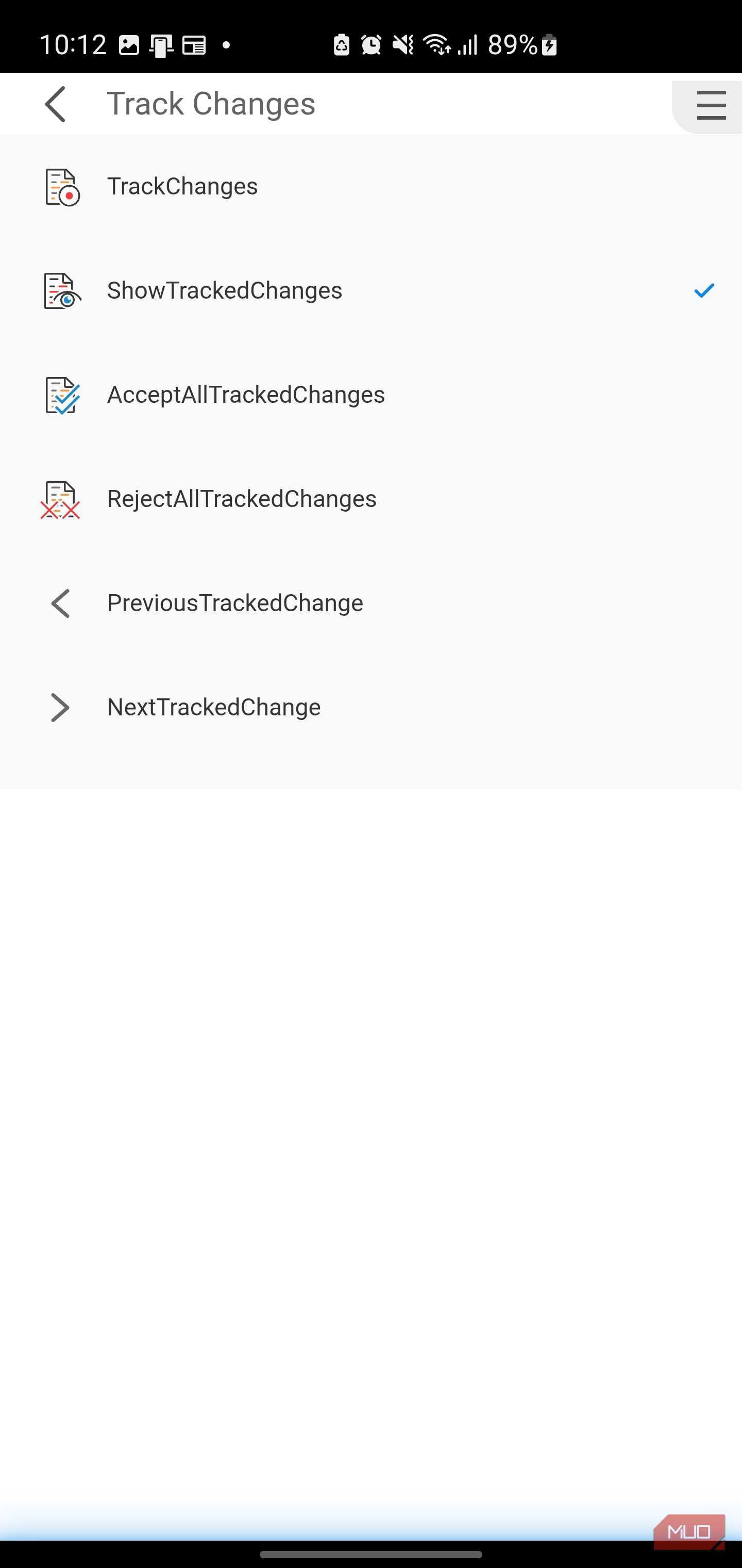 Track changes menu on mobile app