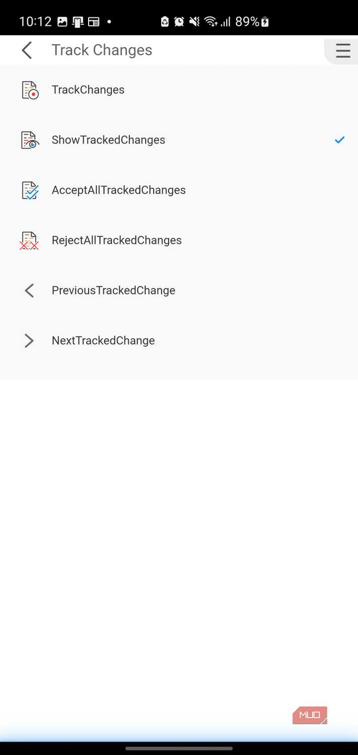 Track changes menu on mobile app