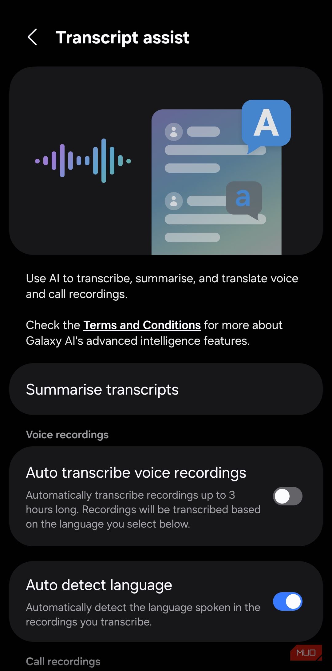Transcript assist feature on Samsung phone