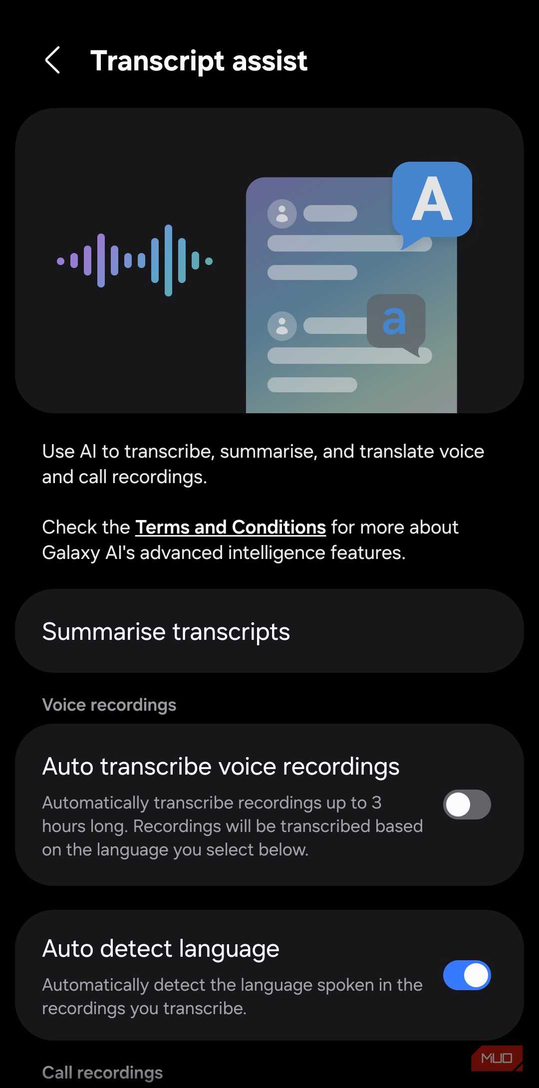 Transcript assist feature on Samsung phone