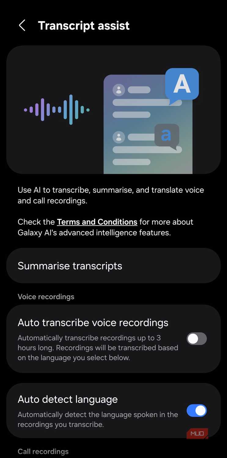 Transcript assist feature on Samsung phone