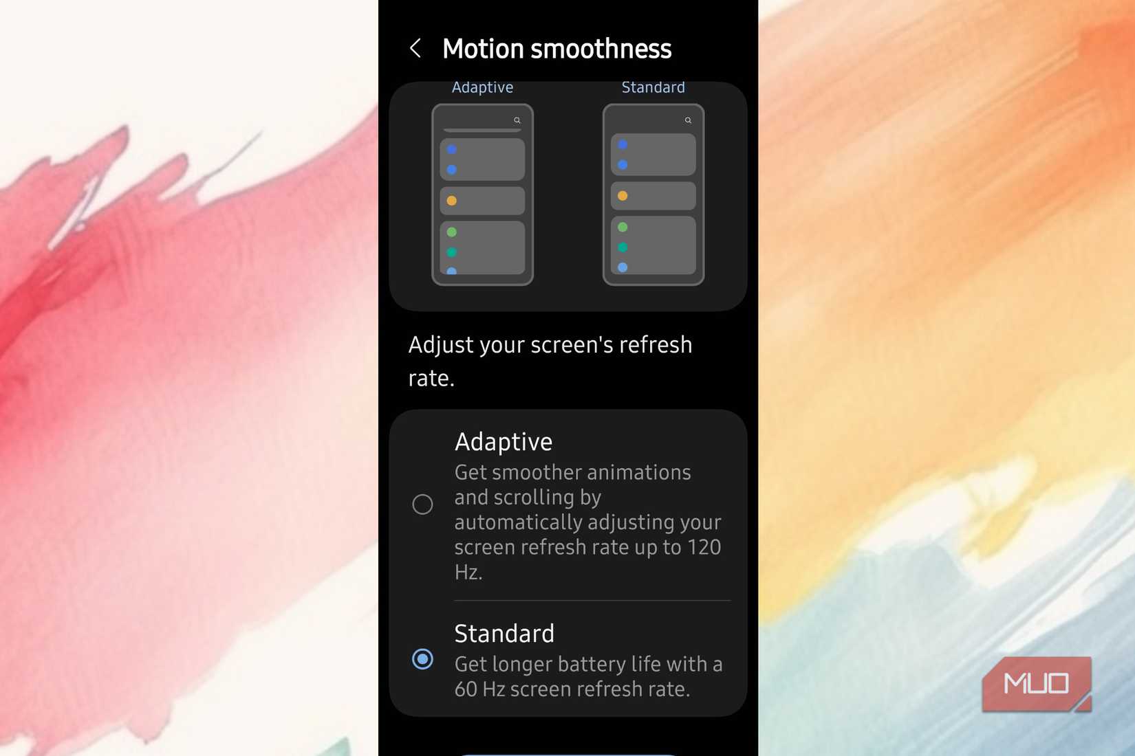 Turning off motion smoothness for 60 ghz on an android