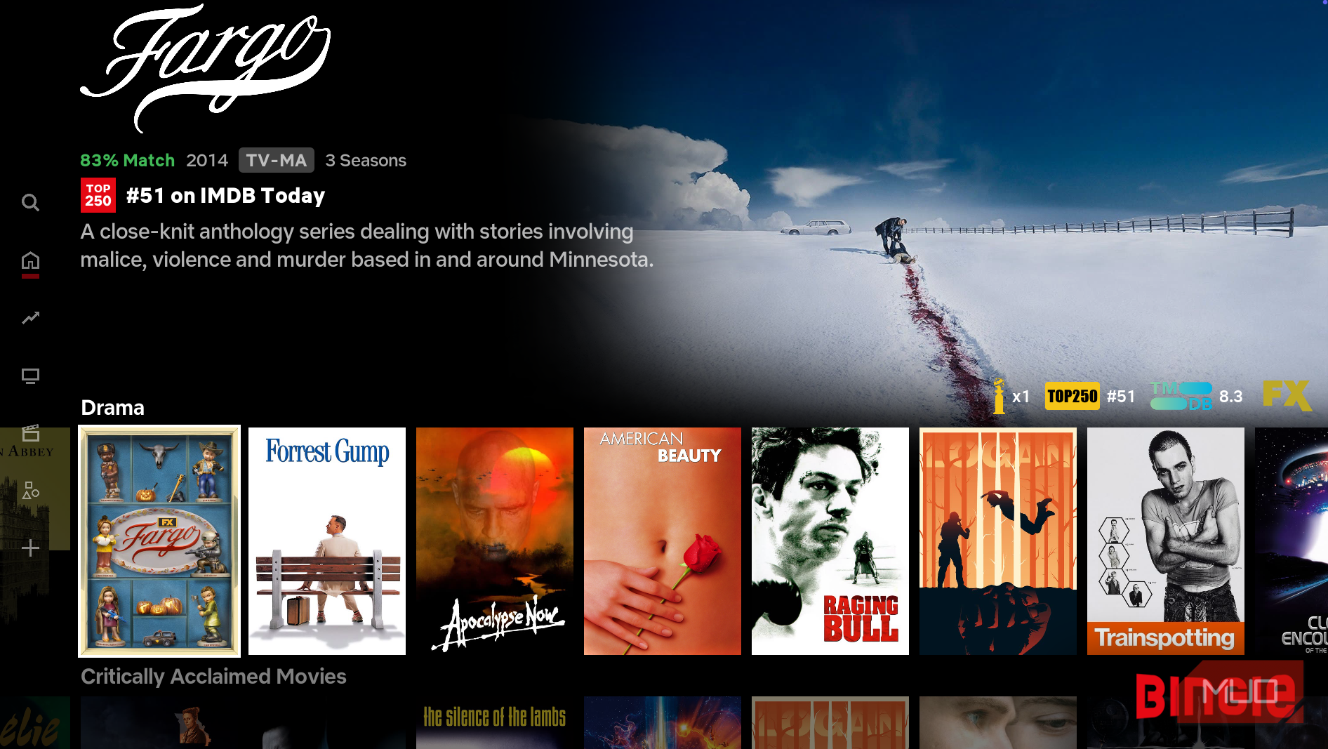 TV shows as they appear in Kodi's Bingie skin.