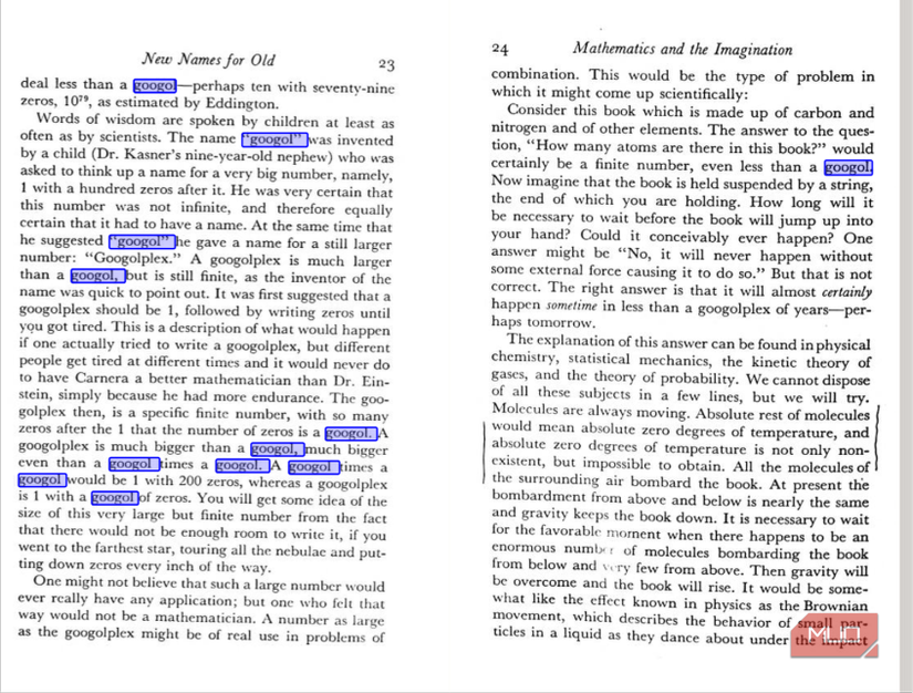 Two book pages discussing the number googol